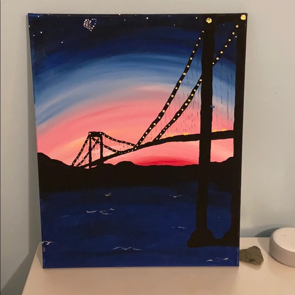 Hand painted pink and blue sunset bridge